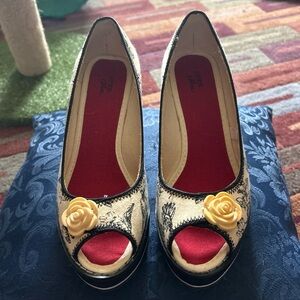 Piper Peep-Toe Heels with Yellow Floral Accent and Red Insole